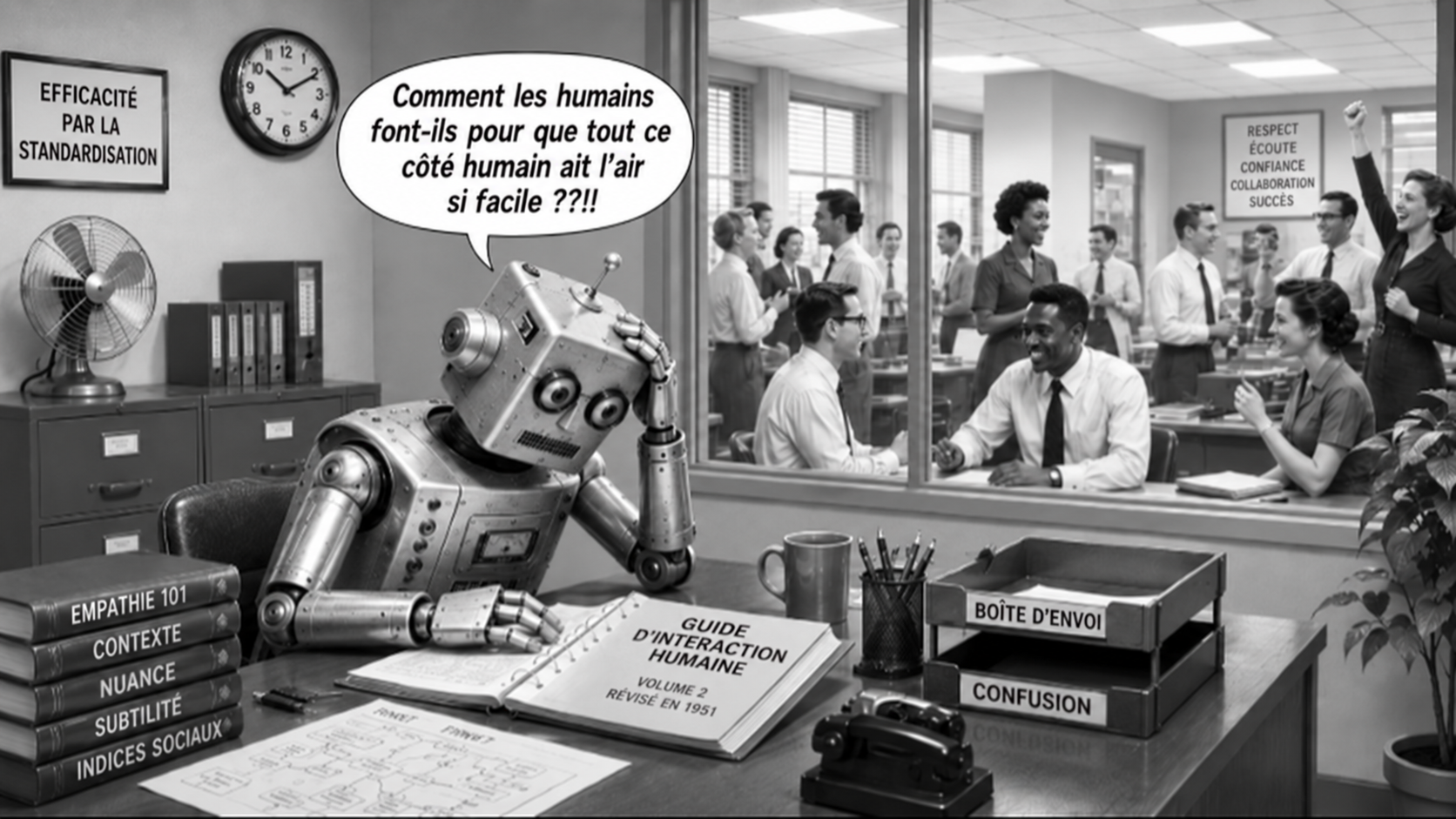 Illustration rétro d'un robot assis à un bureau de bureau, l'air confus, entouré de livres intitulés Empathie 101, Contexte, Nuance, Subtilité et Indices sociaux, d'un carnet intitulé Guide d'interaction humaine Volume 2 révisé en 1951, de bacs à bureau marqués Boîte d'envoi et Confusion, d'affiches murales portant les mentions Efficacité par la standardisation et Respect Écoute Confiance Collaboration Succès, avec des collègues diversifiés qui collaborent en arrière-plan. La légende se lit : « Comment les humains font-ils pour que tout ce côté humain ait l'air si facile ??!! »