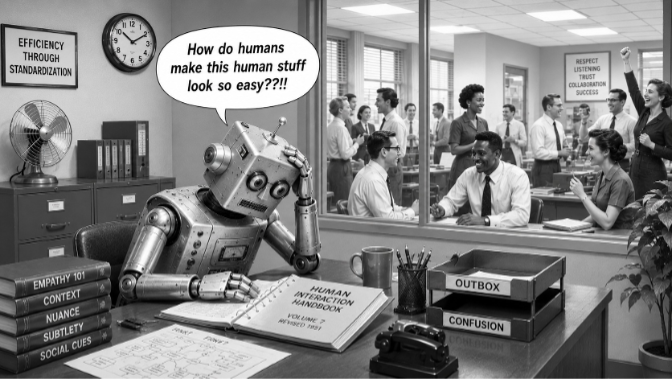 Retro illustrated robot sitting at an office desk looking confused, surrounded by books labeled Empathy 101, Context, Nuance, Subtlety, and Social Cues, a notebook titled Human Interaction Handbook Volume 2 Revised 1951, desk trays marked Outbox and Confusion, wall signs reading Efficiency Through Standardization and Respect Listening Trust Collaboration Success, with diverse coworkers collaborating in the background. Caption reads 