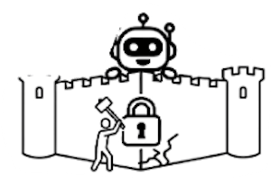 Icône en traits simples d'une tête de robot qui dépasse d'un mur de château fort, tandis qu'une personne en bas frappe avec un marteau un cadenas encastré dans une fissure du mur, pour tenter de le briser.