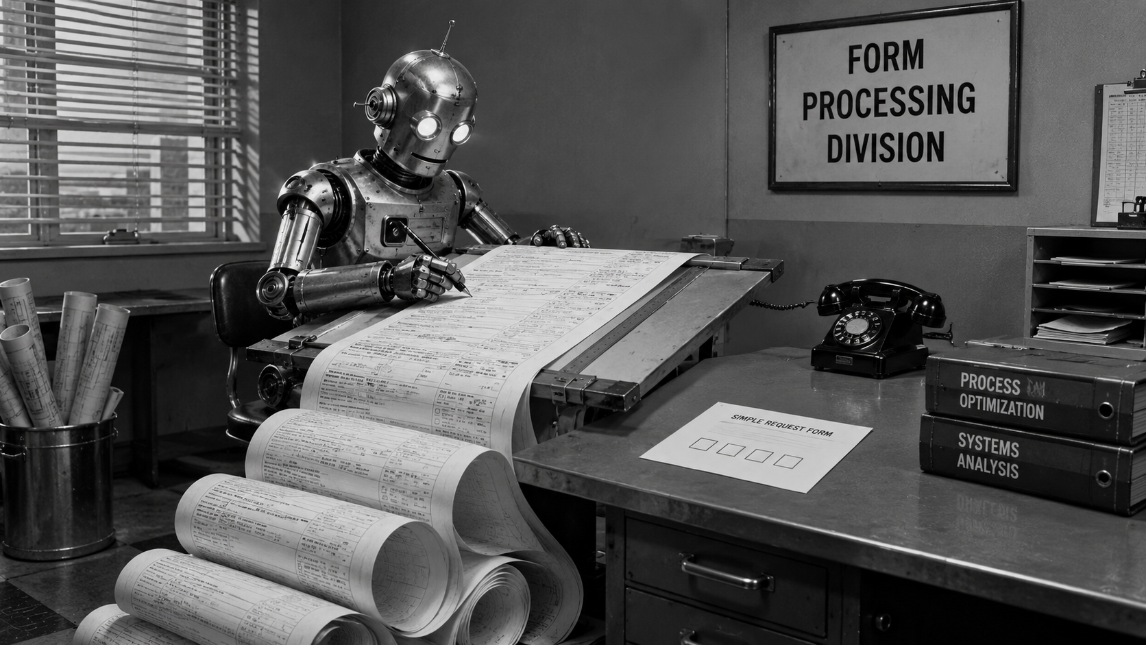 Black-and-white retro-style photograph of a robot at a desk, diligently filling out an endless paper form that unrolls off the desk and coils onto the floor. Beside it sits a small, untouched 