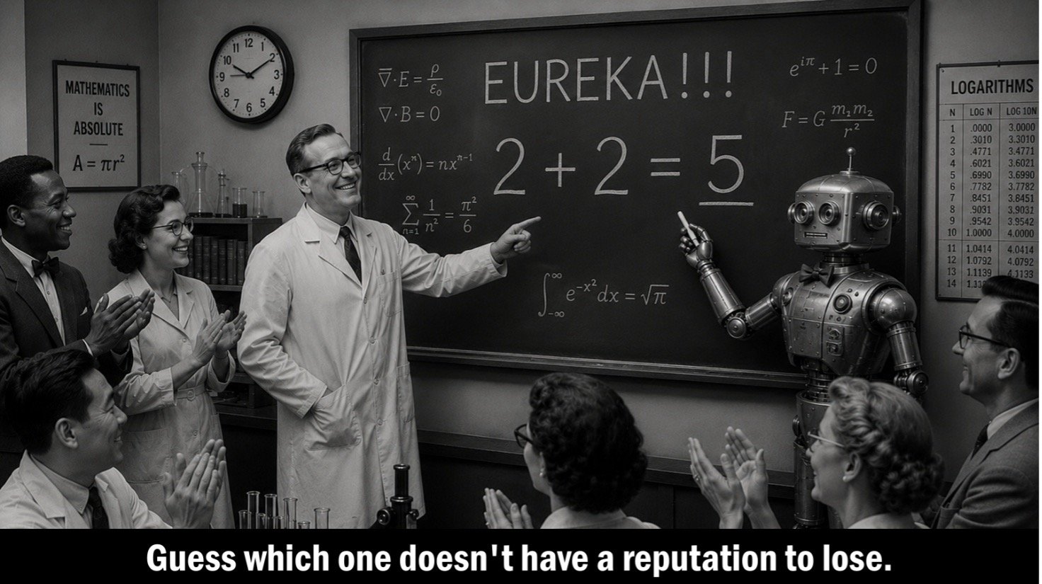 Retro black-and-white illustration of a professor at a chalkboard covered in real equations (Maxwell's equations, Euler's identity, the Basel problem, a Gaussian integral) alongside 