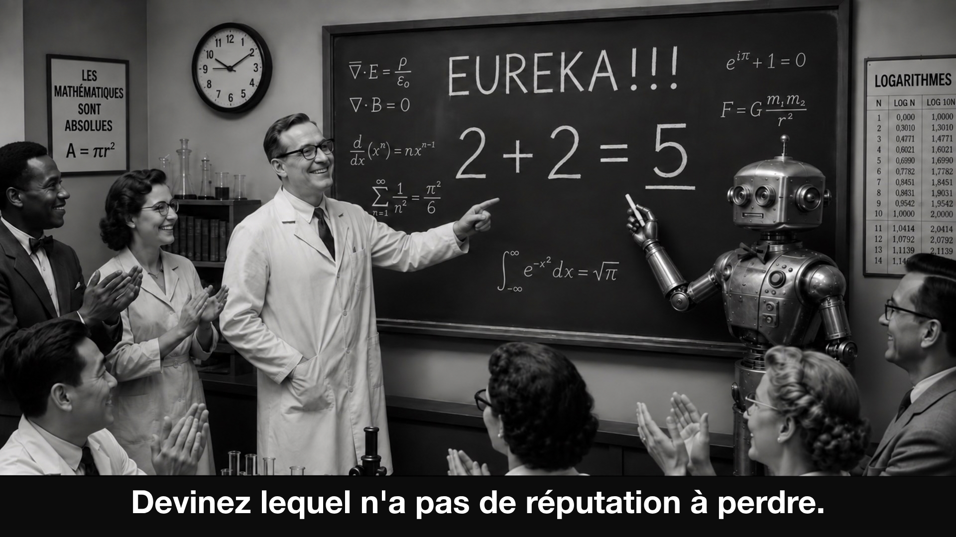 Illustration rétro en noir et blanc d'un professeur devant un tableau noir couvert d'équations réelles (équations de Maxwell, identité d'Euler, problème de Bâle, intégrale gaussienne) à côté de « EUREKA!!! » et de « 2 + 2 = 5 » souligné comme résultat vedette. Un robot se tient à côté de lui, pointant lui aussi le tableau, pendant que des collègues en sarrau applaudissent. Une affiche murale indique « Les mathématiques sont absolues, A = πr² » et une autre affiche montre une table de logarithmes. La légende se lit : « Devinez lequel n'a pas la réputation de se tromper. »