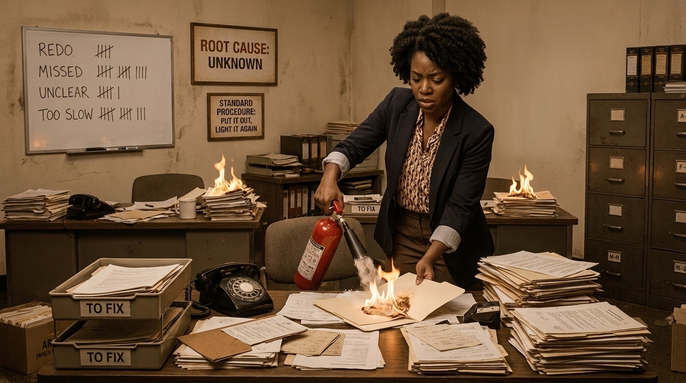 Photograph of a woman in business attire spraying a fire extinguisher at a small fire on a folder on her desk, while two more small fires burn unattended on stacks of paper on desks behind her, in a cluttered vintage office. A whiteboard on the wall tallies four categories: 