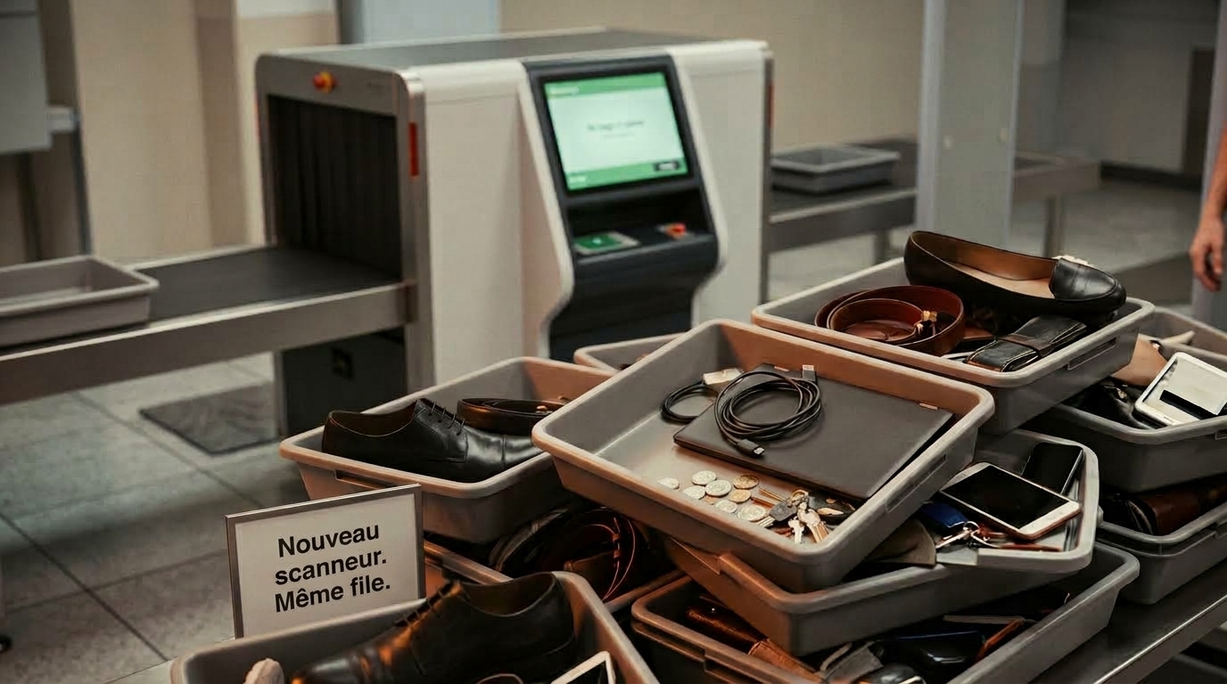 Des bacs de sécurité débordant de chaussures, de ceintures, d'un ordinateur portable, d'un téléphone et de clés s'accumulent à un poste de contrôle aéroportuaire, tandis que le scanner à rayons X derrière eux reste inactif avec le message « aucun bagage en attente ». Une pancarte indique « Nouveau scanner. Même file. »