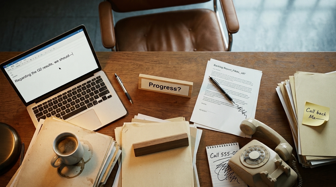 Overhead view of a cluttered office desk showing five abandoned tasks: an unfinished email on a laptop, a paper titled 'Backlog Report_FINAL_v87' with a pen trailing off mid-sentence, a rotary phone with a half-dialed number, a cold cup of coffee, and a sticky note reading 'Call back Ma—' cut off mid-word. A small sign in the center reads 'Progress?' and an empty chair sits pushed back from the desk.