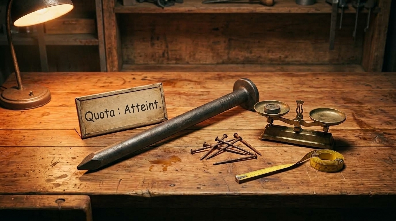Un clou démesurément grand repose sur un établi en bois à côté d'une petite pile de clous ordinaires, d'une balance à l'ancienne et d'un ruban à mesurer. Une pancarte à proximité indique « Quota atteint. »