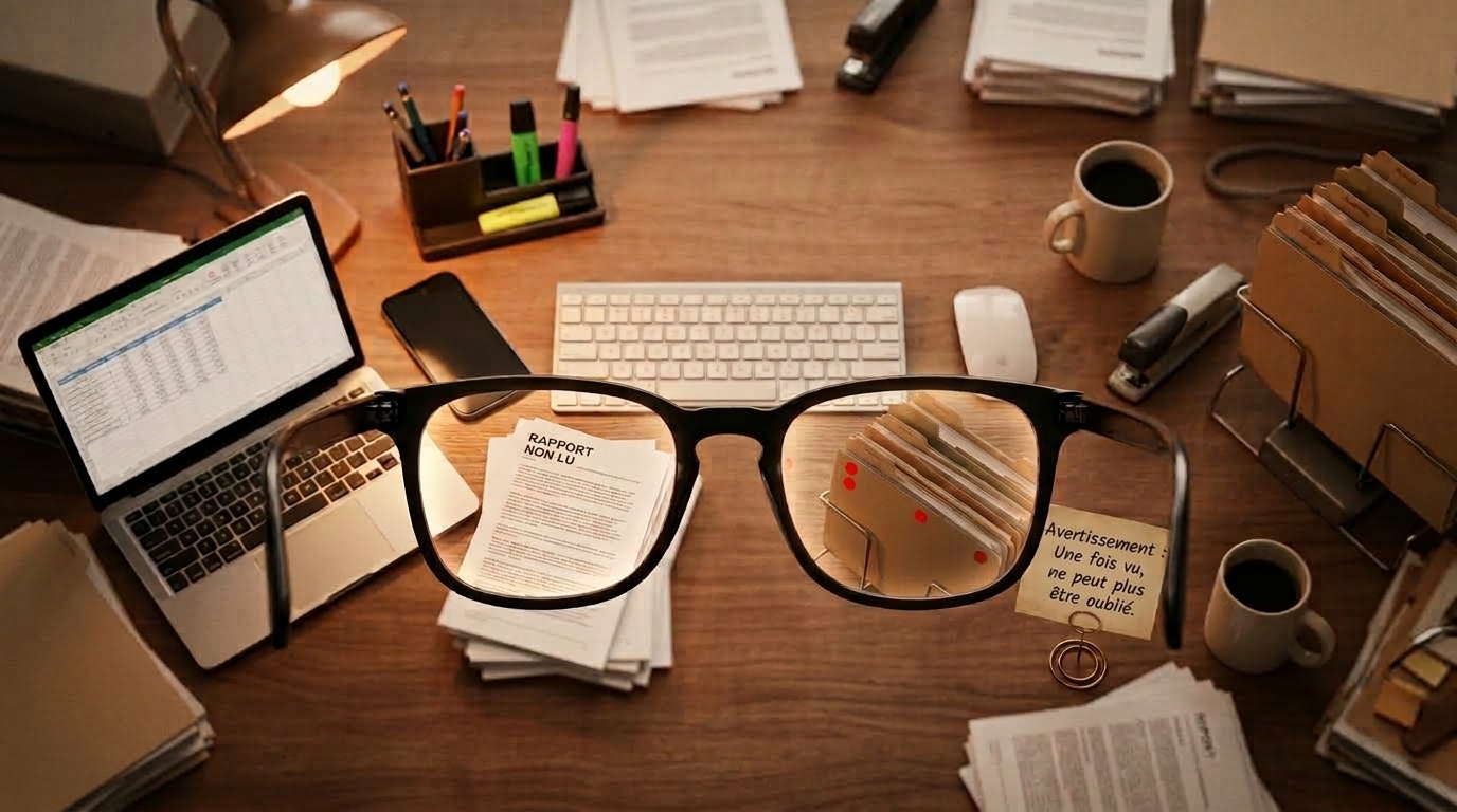 Vue en plongée d'un bureau encombré, observé à travers une paire de lunettes. À l'extérieur des verres, les papiers et les dossiers semblent ordinaires; à travers eux, des points rouges signalent du gaspillage caché sur un rapport non lu et un support à dossiers débordant. Une note indique « Attention : une fois vu, impossible de ne plus le voir. »