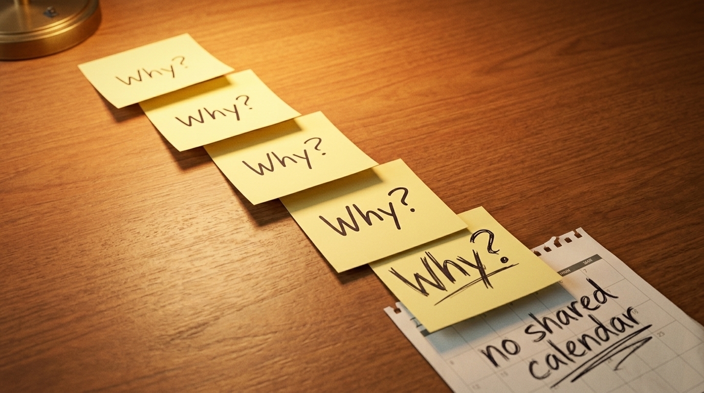 Five yellow sticky notes cascading diagonally down a wooden desk, each handwritten with 'Why?' in increasingly urgent handwriting, landing on a torn calendar page with 'no shared calendar' scrawled on it.