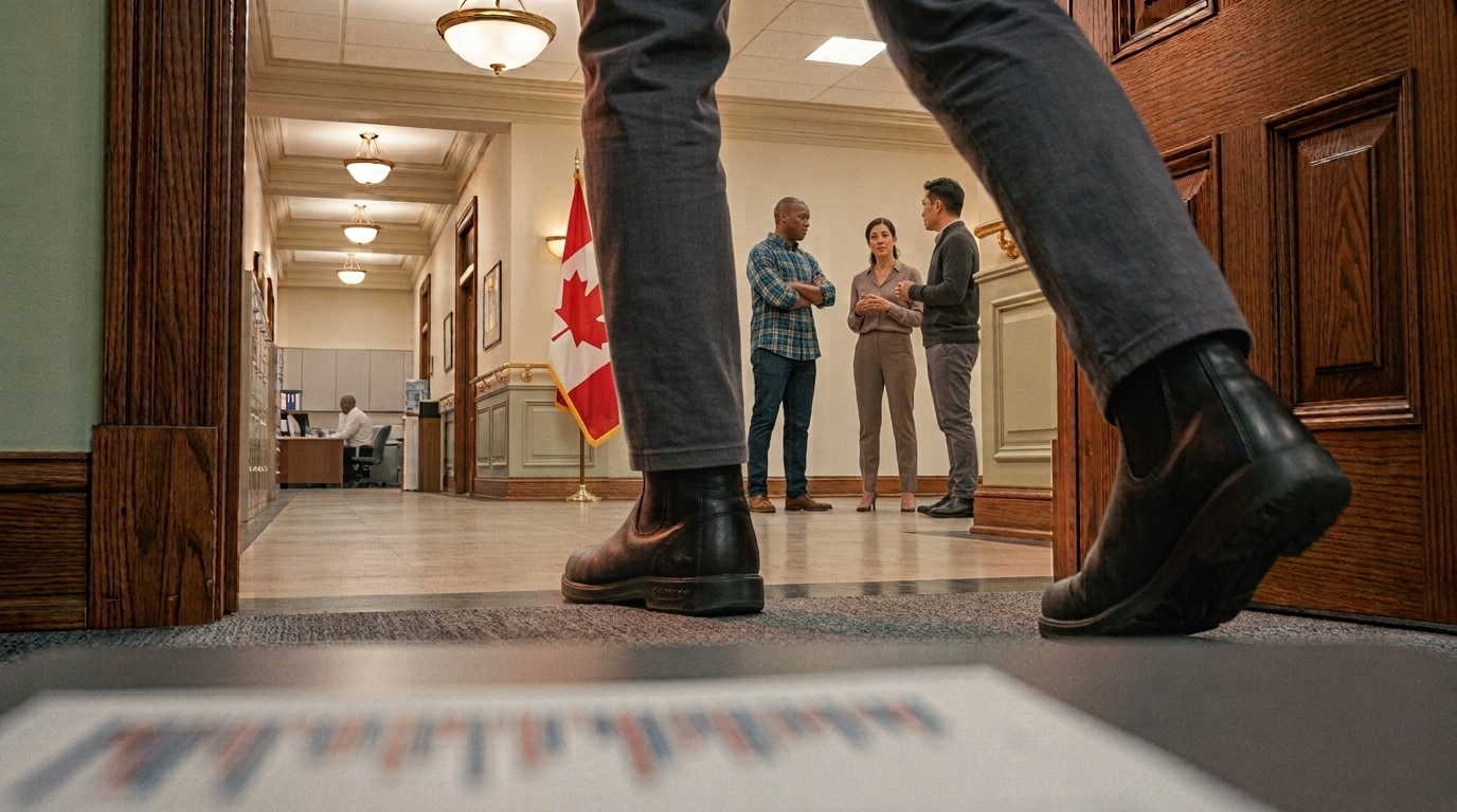 Close-up, low-angle view of a person's legs and worn leather boots mid-stride, walking through an open office doorway away from a printed chart on the floor in the foreground. In the hallway beyond, three colleagues stand talking near a Canadian flag.