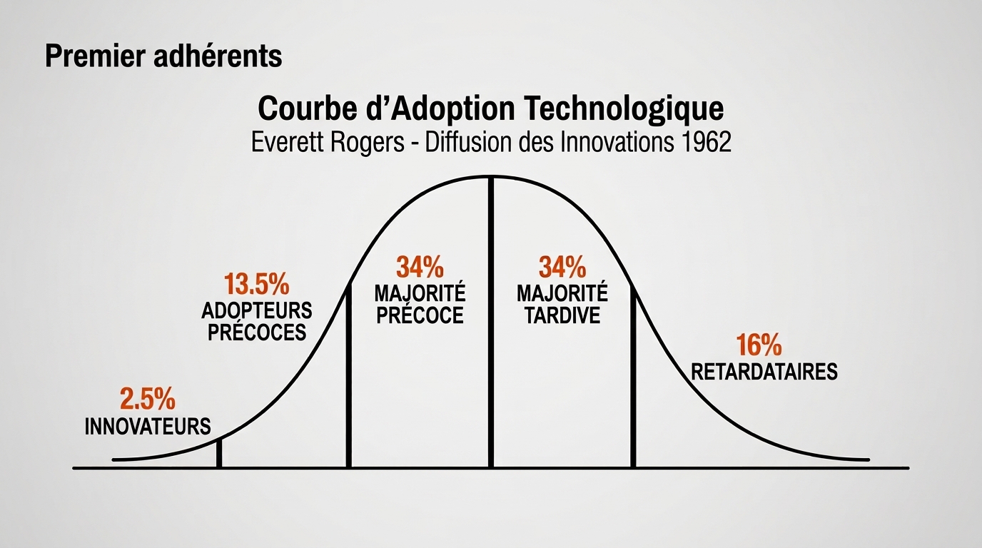 Diagramme en courbe en cloche illustrant la courbe d'adoption technologique d'Everett Rogers (Diffusion des innovations, 1962), montrant cinq segments d'adoption : innovateurs (2,5 %), adopteurs précoces (13,5 %), majorité précoce (34 %), majorité tardive (34 %) et retardataires (16 %).