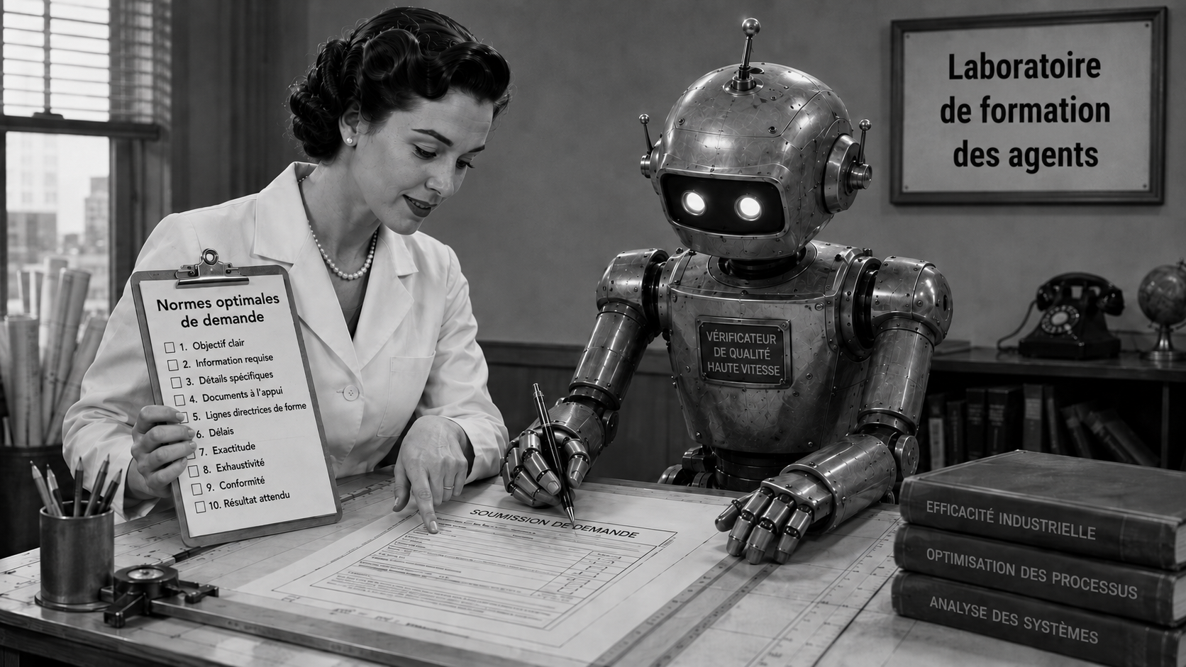 « Illustration de style rétro d'une femme en sarrau tenant une liste de vérification intitulée « Normes optimales de la demande », à côté d'un robot portant l'inscription « Vérificateur haute vitesse », dans un « Laboratoire de formation des agents » »