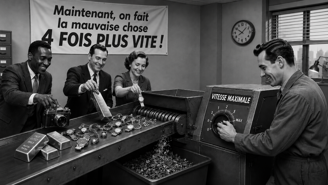 Des employés de bureau nourrissent joyeusement une déchiqueteuse industrielle avec des lingots d'or et des montres à VITESSE MAXIMALE, sous une bannière proclamant : « Maintenant on fait la mauvaise chose 4 fois plus vite! »