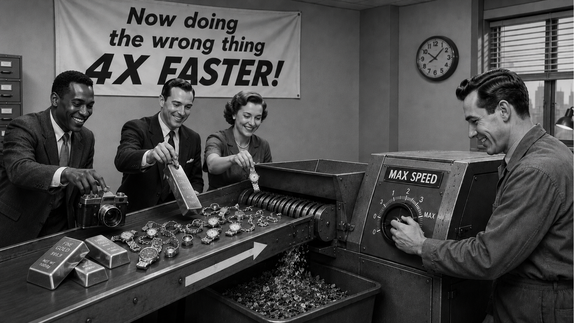 Office workers cheerfully feeding gold bars and watches into an industrial shredder at MAX SPEED, under a banner reading 