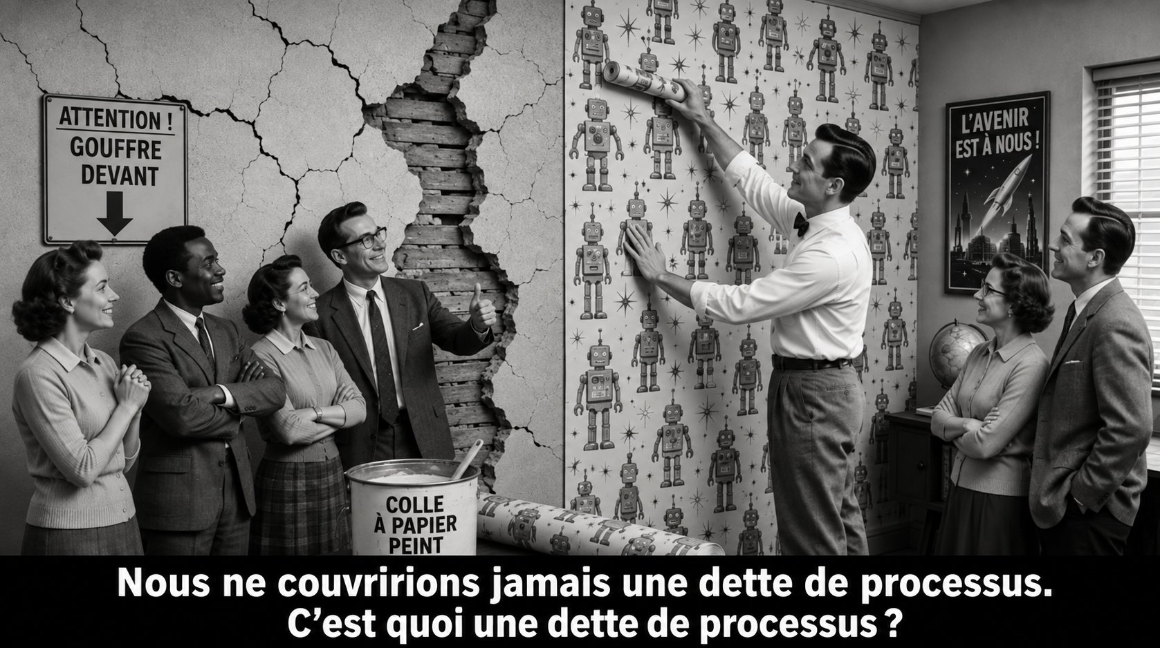 Illustration rétro en noir et blanc divisée en deux. À gauche, un groupe de collègues sourit et lève le pouce devant un grand mur fissuré et effrité, sous une affiche indiquant « Attention! Gouffre devant. » À droite, un homme colle du papier peint à motifs de robots sur un autre mur pour le recouvrir, à côté d'un pot de colle à papier peint et d'une affiche « L'avenir est à nous! » montrant une fusée au-dessus d'une ville. La légende se lit : « Nous ne couvririons jamais une dette de processus. C'est quoi une dette de processus? »