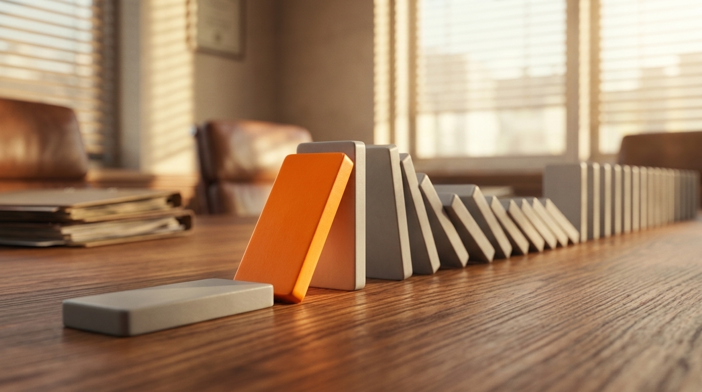 Close-up photograph of a row of dominoes on a wooden conference table. The first domino lies flat, already fallen, while the second domino, painted bright orange, leans mid-tip against the next grey domino, setting off a chain reaction down the row into a softly blurred office background with window blinds and leather chairs.