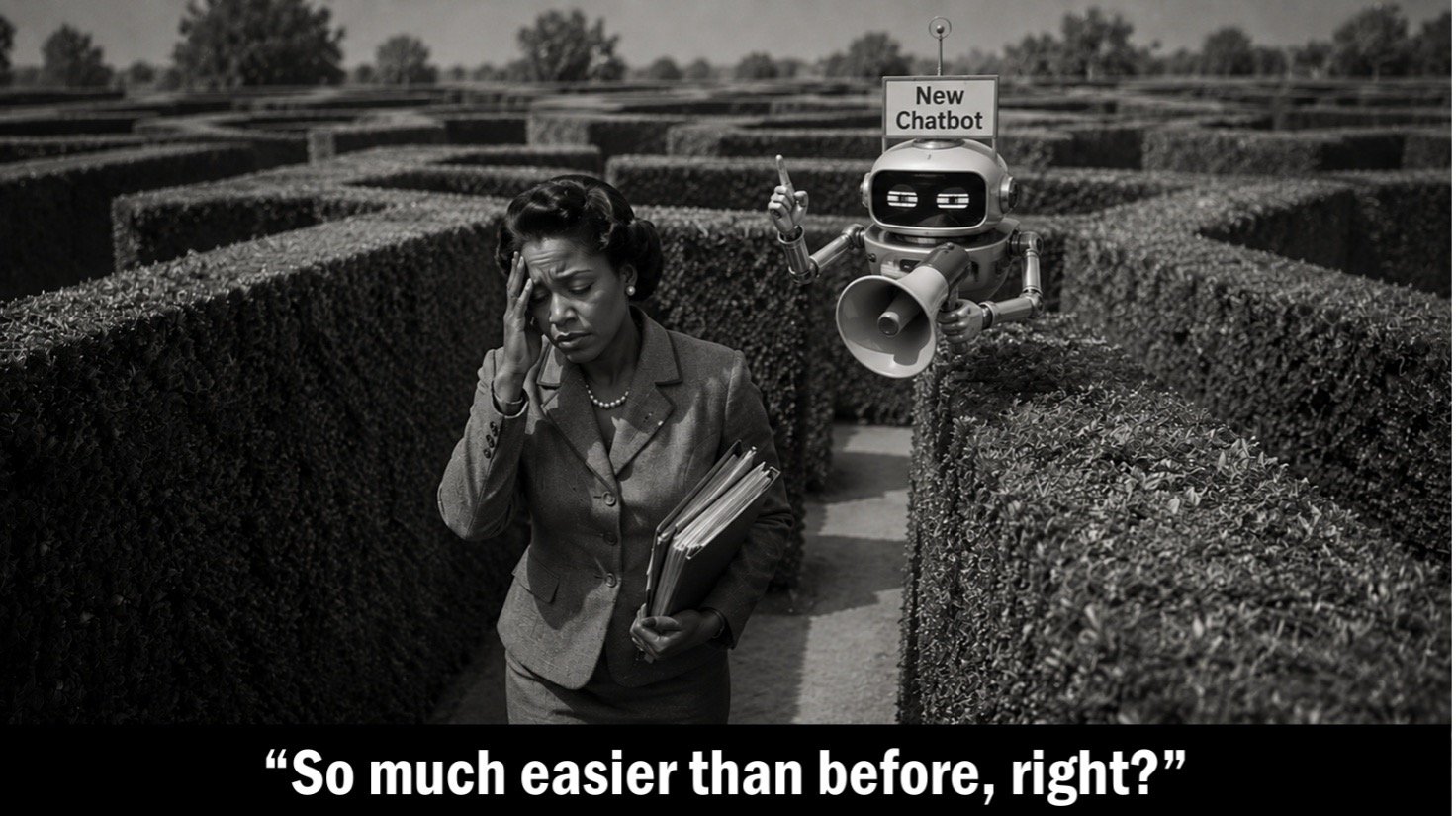 Black-and-white retro-style photograph of a woman lost in a hedge maze, holding a stack of folders with her hand pressed to her forehead in frustration. A robot labeled 