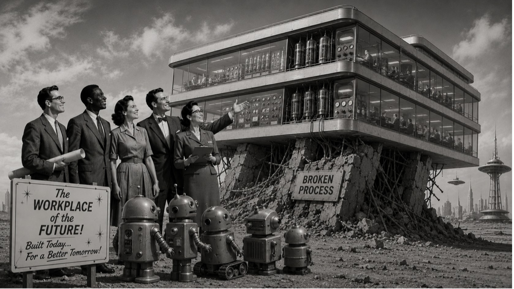 Retro black-and-white illustration of five office workers, one holding a rolled blueprint, standing beside a row of small vintage toy robots, looking up at a modernist glass office building precariously balanced on a crumbling rock pedestal. A sign beside the rubble reads 