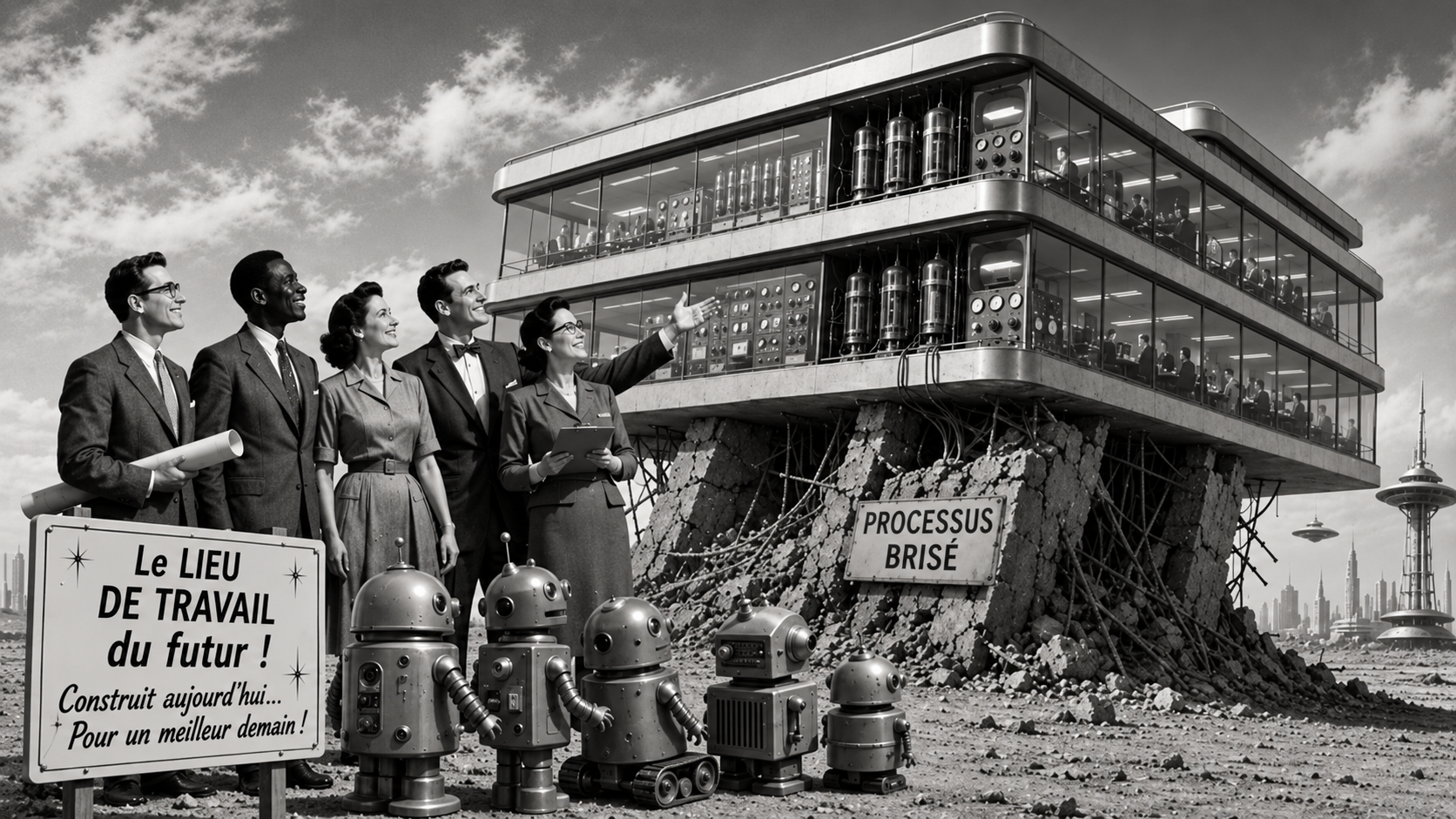 Illustration rétro en noir et blanc de cinq employés de bureau, dont un tenant un plan roulé, debout à côté d'une rangée de petits robots-jouets vintage, regardant un édifice de bureaux moderniste en verre, perché précairement sur un socle rocheux qui s'effrite. Une affiche près des décombres indique « Processus brisé. » Au premier plan, une affiche indique « Le lieu de travail du futur! Construit aujourd'hui... Pour un meilleur demain! » Une ligne d'horizon futuriste rétro avec une tour et des soucoupes volantes se trouve en arrière-plan.